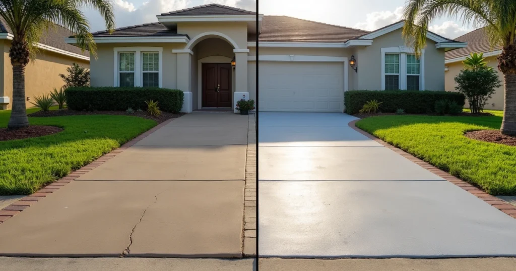 Side by side view of an aging Orlando concrete driveway with simple upgrades