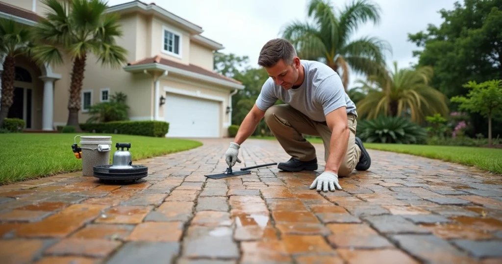 Contractor repairing washed-out paver joints on a Florida driveway after heavy rain