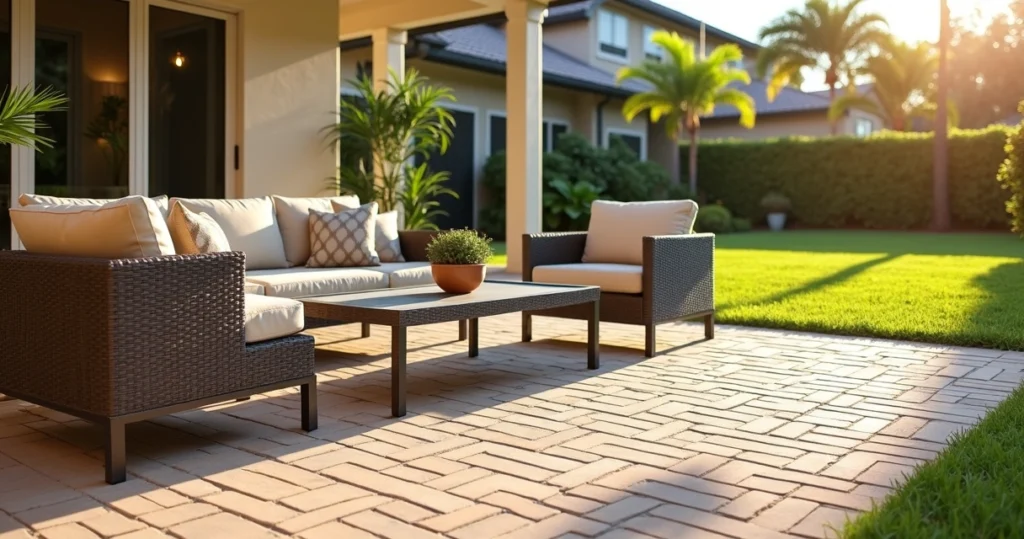 Modern outdoor furniture on a paver patio in a sunny backyard