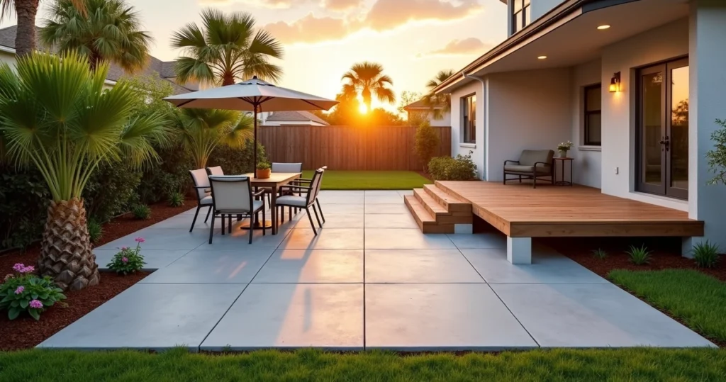 Backyard patio showing half concrete slab and half raised pier foundation in Orlando
