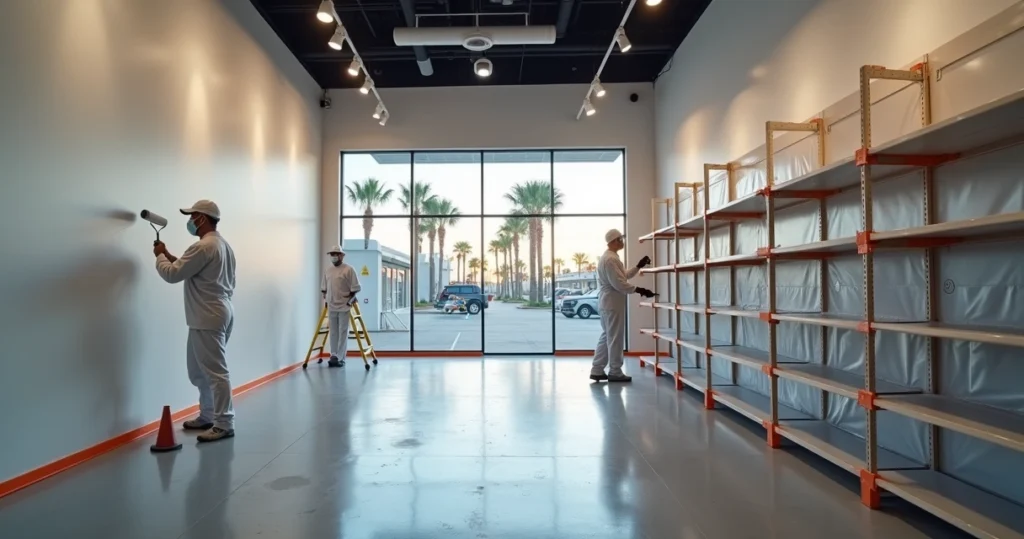Painting crew refreshing walls in a busy Orlando retail store