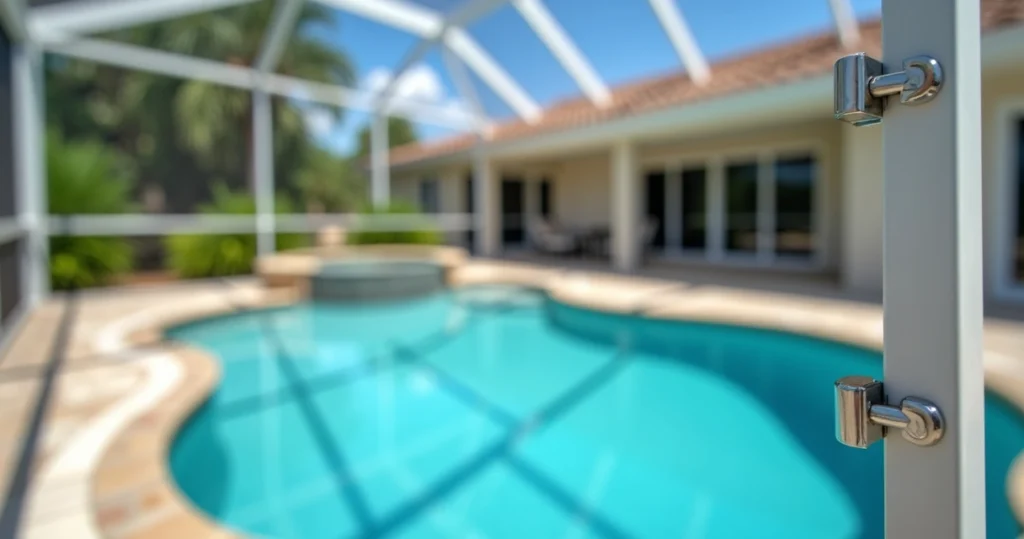 Close-up of rust-resistant stainless steel hardware on a white aluminum pool cage in Orlando