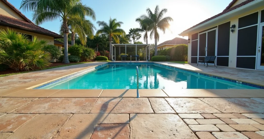 Side-by-side comparison of slip-resistant pool deck finishes in a Florida backyard