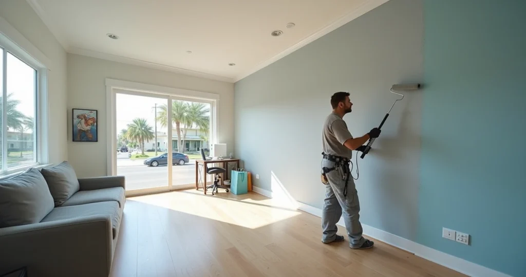 Contractor applying soundproof paint in a modern living room in Orlando