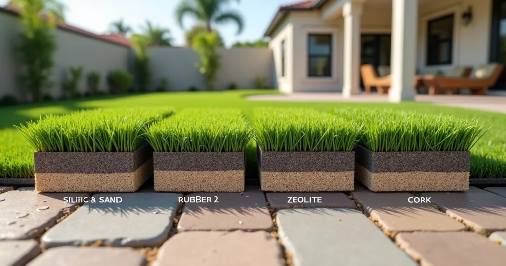 Artificial turf cross-section showing different infill types side by side