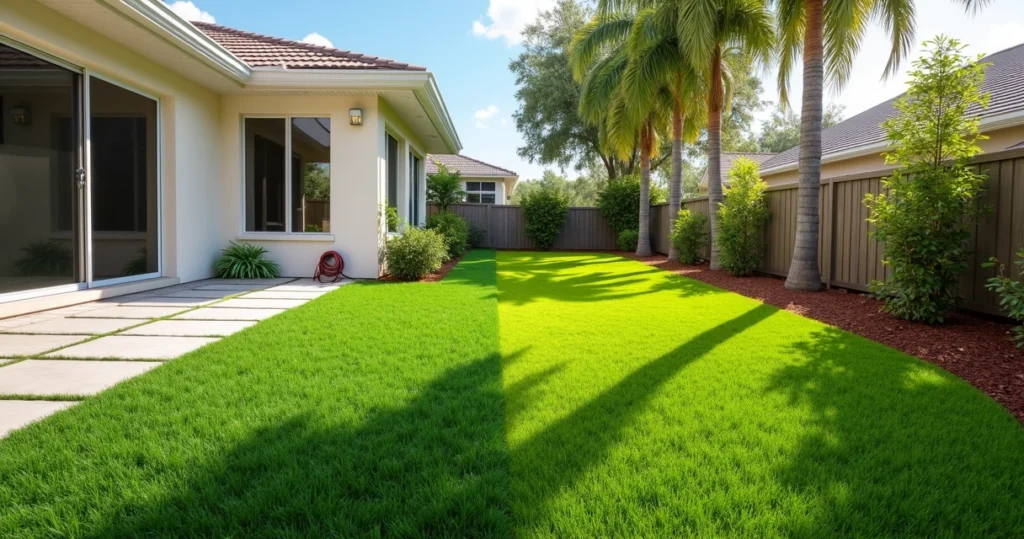 Backyard in Central Florida split between artificial turf and natural sod lawn