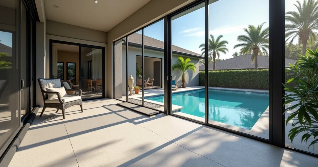 Wide lanai with accessible pool cage entry and step-free doorway in Orlando home