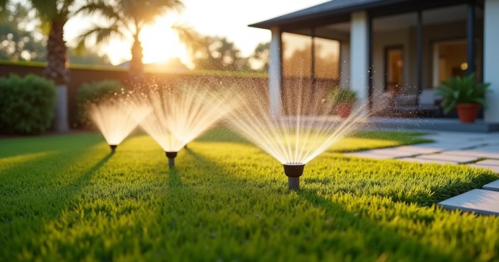 Automatic sprinkler watering artificial turf lawn in a modern Orlando backyard