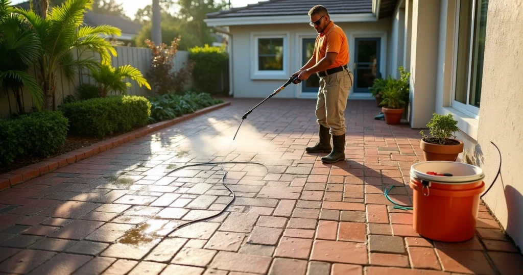 Worker pressure washing brick paver patio before sealing in Orlando