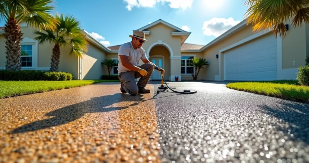 Worker cleaning and sealing an exposed aggregate concrete driveway in Orlando