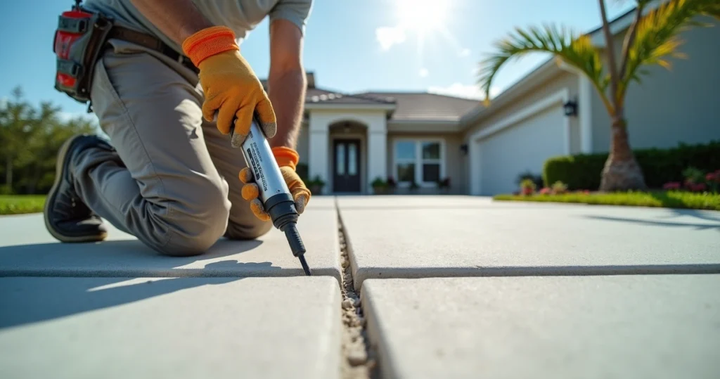 Contractor applying joint filler to exterior concrete slab driveway in Florida home