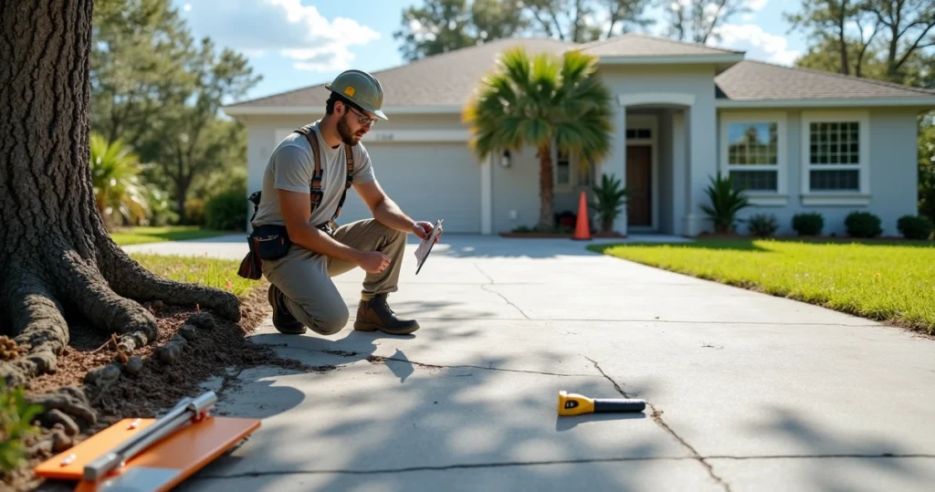 Exposed tree roots lifting and cracking a suburban concrete driveway