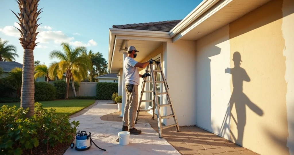 Painter preparing stucco exterior wall of Florida home before painting