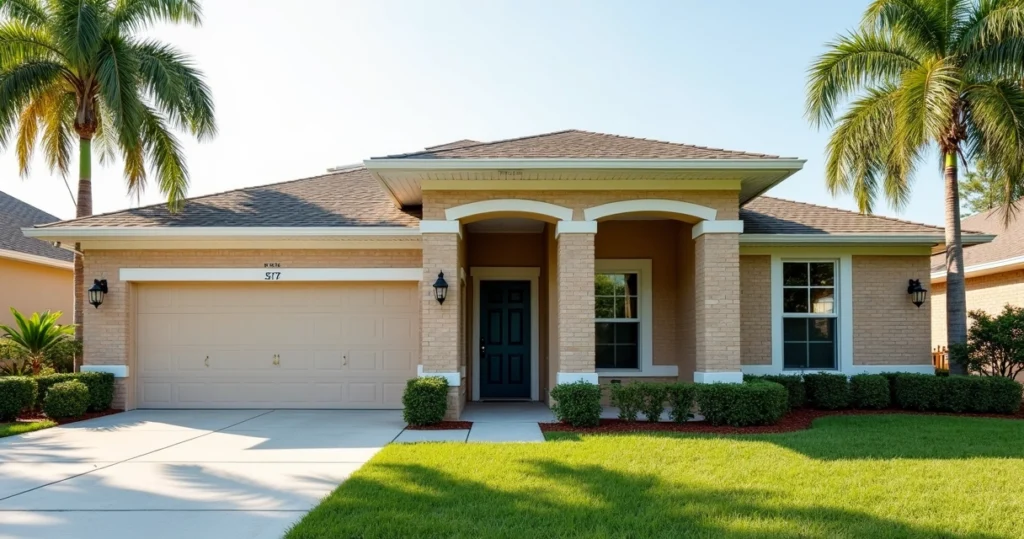 Freshly painted brick Florida home with contrasting trim and lush landscaping