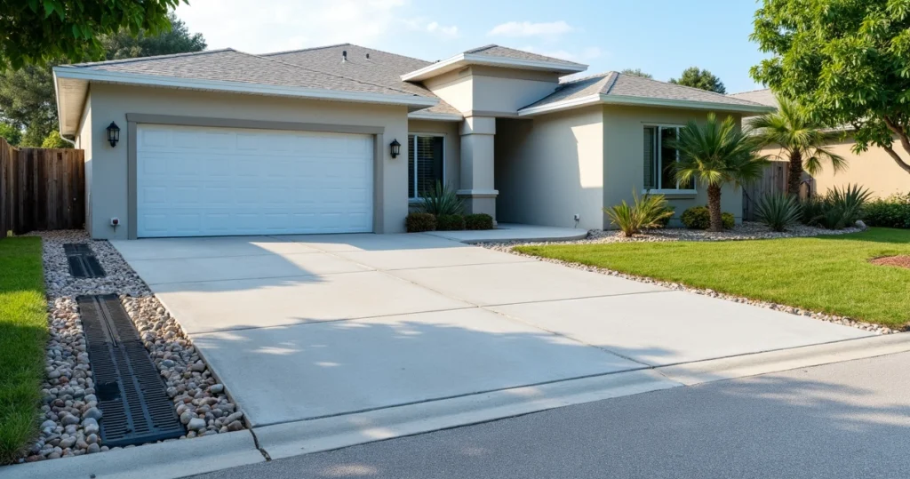 Concrete Florida driveway with visible drainage channel and dry yard landscaping