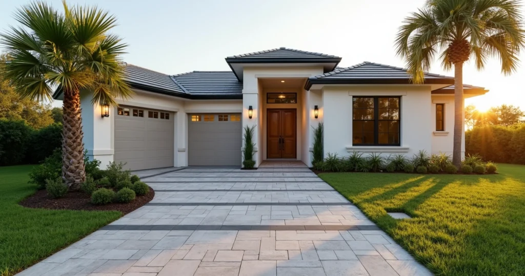 Modern Florida home with multicolor concrete paver driveway and lush landscaping
