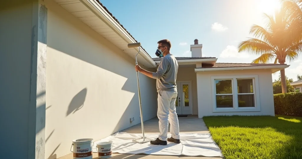 Contractor rolling high-build exterior coating on stucco wall of Florida home