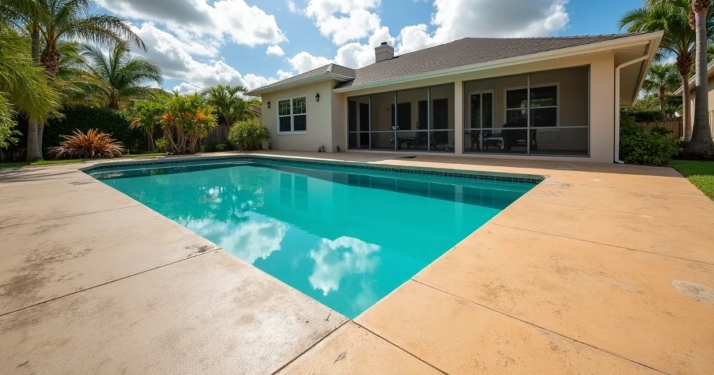 Resurfaced pool deck in Orlando showing fresh coating next to faded concrete