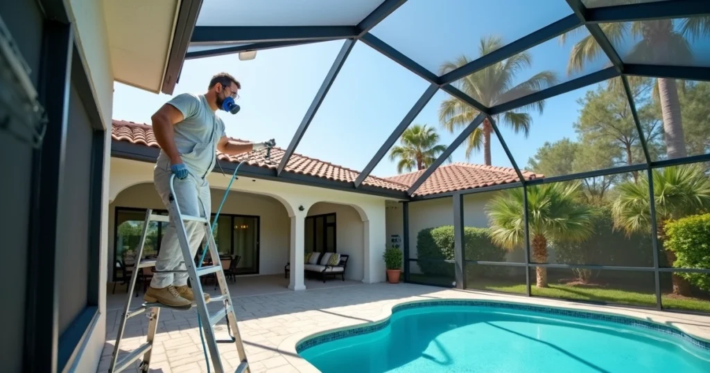 Professional painter spraying coating on aluminum pool screen enclosure in Orlando backyard