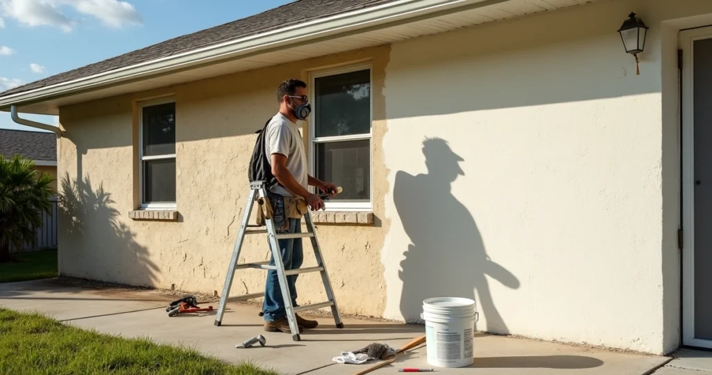 Contractor rolling primer on an old masonry wall in Orlando home exterior