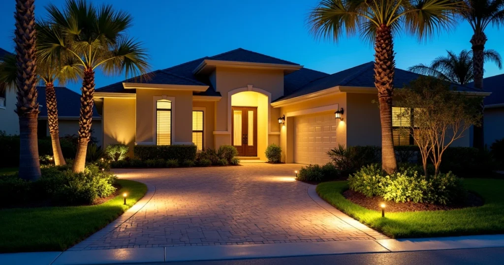 Well lit paver driveway at night with subtle step and path lights in Orlando