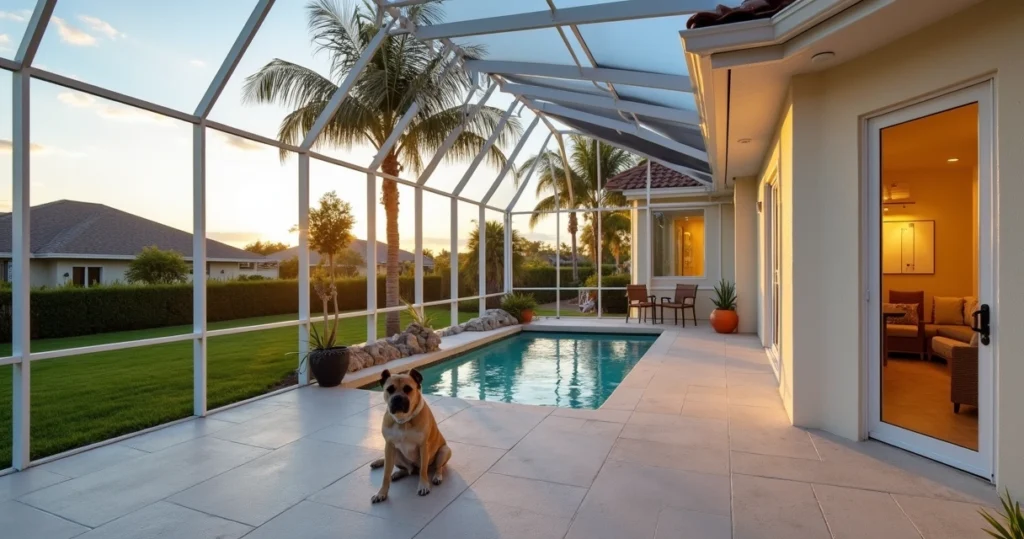 Dog sitting inside a pet-friendly pool screen enclosure in Florida