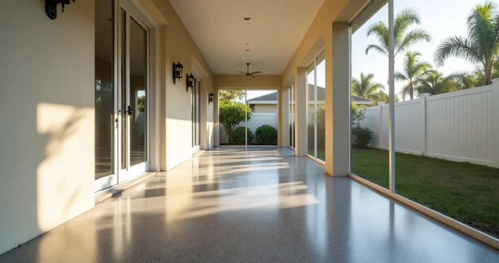 Polyaspartic coated breezeway floor in a Florida home with screened lanai