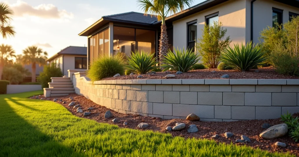 Segmental block retaining wall in a landscaped Florida backyard