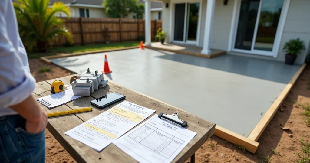 Orlando homeowner checking concrete estimate near freshly poured backyard slab