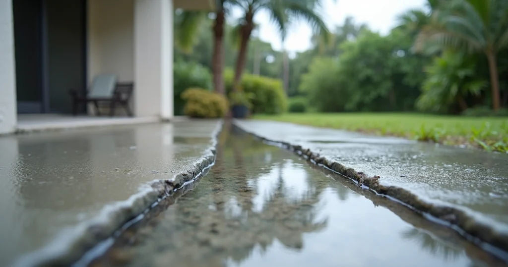 Water pooling on a backyard concrete slab after Florida rain