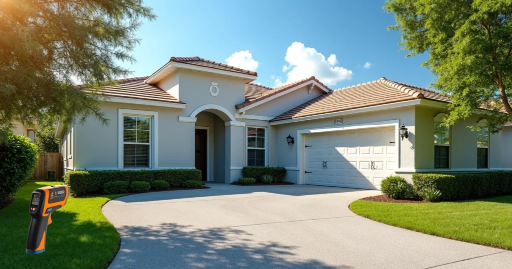 Orlando home with a shaded, coated blacktop driveway on a sunny day