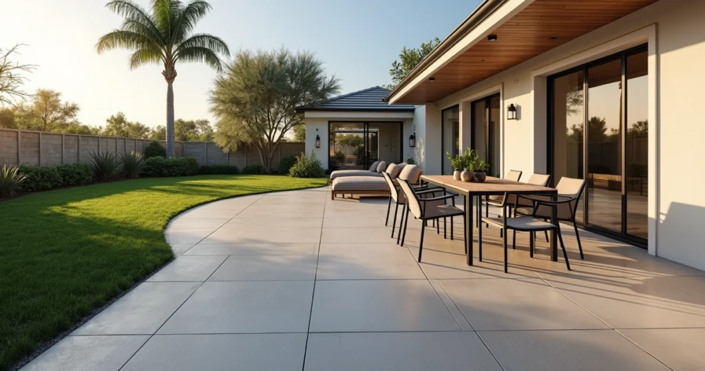 Modern concrete patio with decorative saw-cut grid pattern in Florida backyard