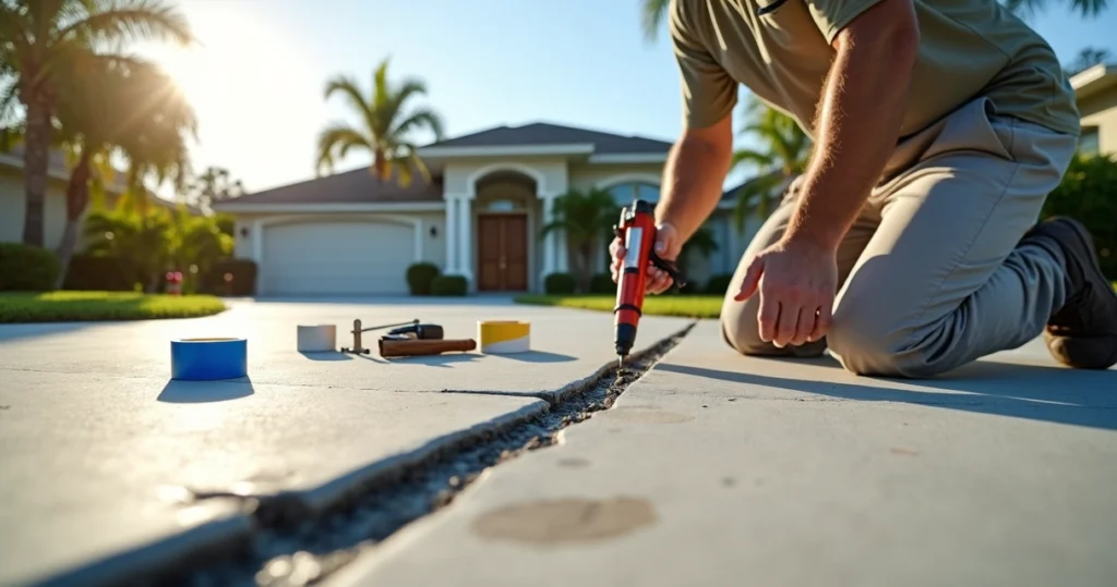 Contractor sealing driveway joints with flexible sealant in Orlando