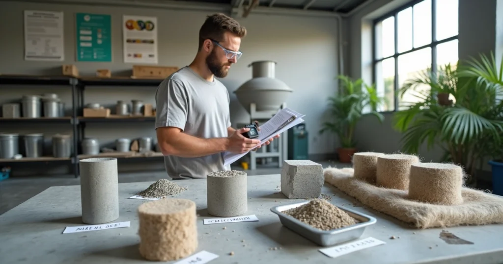 Engineer examining recycled aggregates in eco-friendly concrete mix