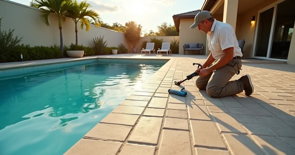 Contractor sealing pool deck pavers beside a Florida pool