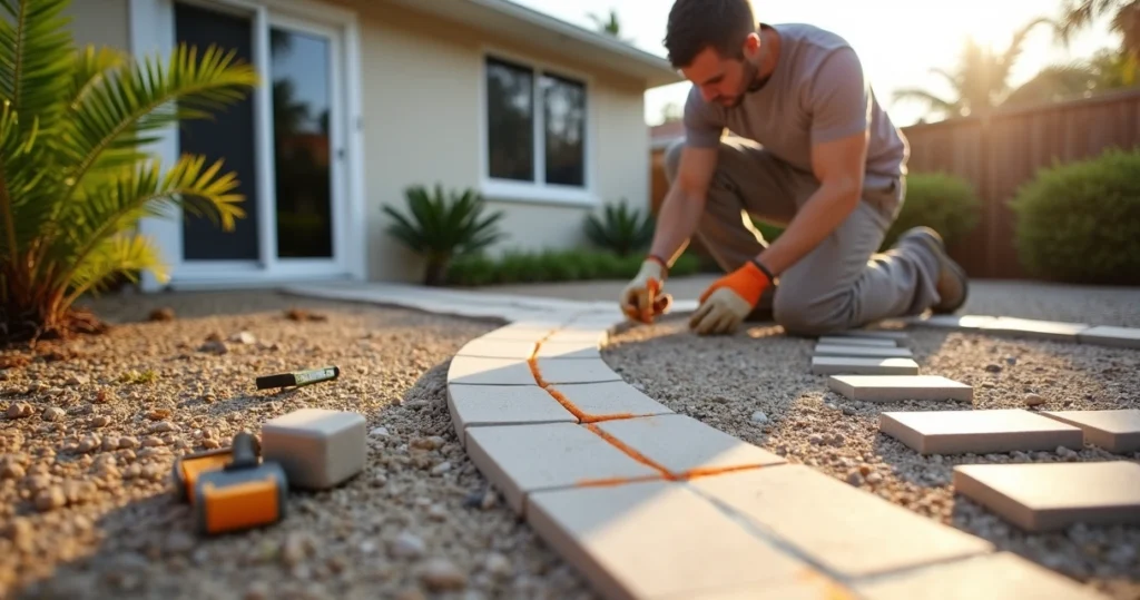 Contractor laying curved paver pattern on backyard patio in Orlando