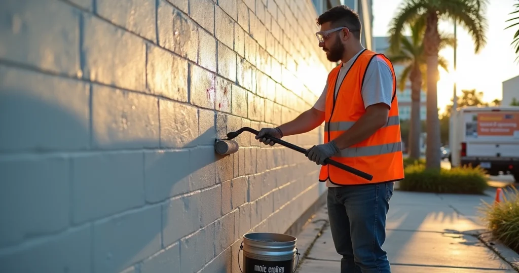 Technician applying clear anti-graffiti coating to an exterior wall in Orlando