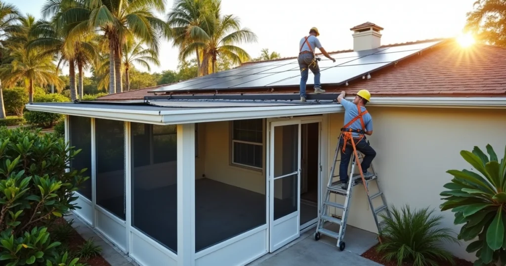 Contractor adding solar roof panels above a screened lanai in Florida