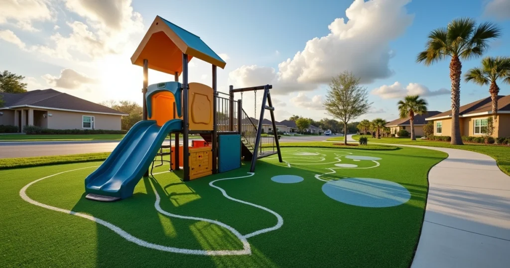 Synthetic turf playground with safety padding in Central Florida park
