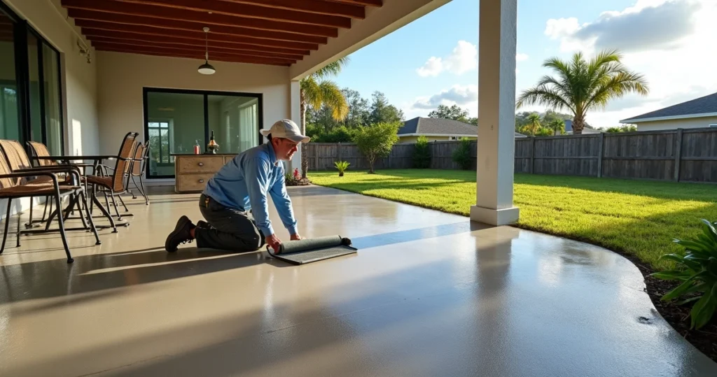 Contractor testing weatherproof coating on outdoor concrete patio in Orlando